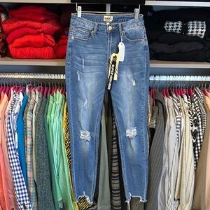 Denim BLVD blue distressed raw hem super high rise skinny jeans size 11 NWT